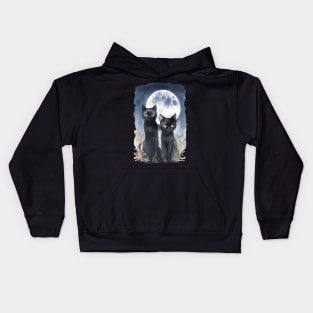 Mysterious black cats under full moon in dark atmosphere, watercolor style Kids Hoodie